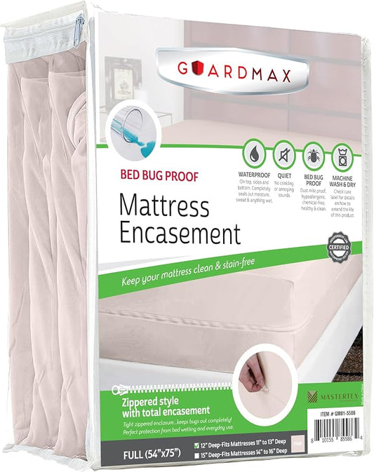 Guardmax Full Mattress Encasement with Zipper, Waterproof, Bed Bug Proof, and Dust Mite Proof Mattress Protector for Full Size Bed up to 12" Deep, Zippered All Around Jersey Knitted Mattress Cover