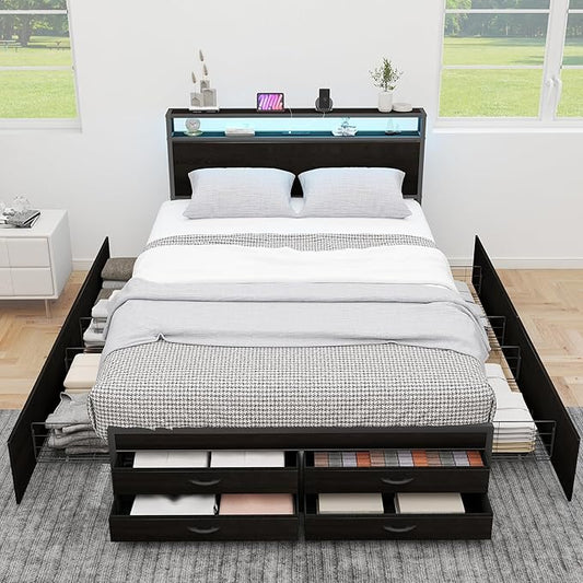 Zevemomo Full Bed Frame with 8 Storage Drawers, Full Metal Bed Frame with LED Light and Charging Station, Heavy Duty Metal Slats, No Box Spring Needed, Black