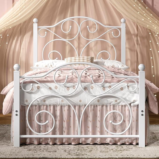 VECELO Twin Size Bed Frame with Headboard and Footboard, Heavy Duty Metal Slat Support, Platform Mattress Foundation, No Box Spring Needed, Easy Assembly, White