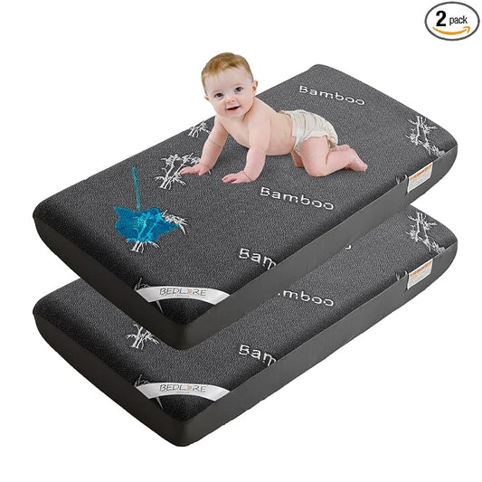BEDLORE Waterproof Crib Mattress Protector 2 Pack, Ultra Soft Bamboo Viscose Crib Mattress Pad Cover, Noiseless Toddler Mattress Protector for Standard Baby Mattress Size 52''x28'', Dark Gray