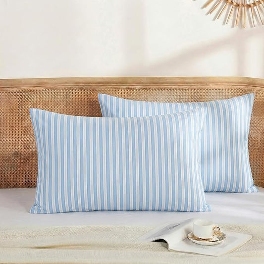Merryword Blue and White Striped Pillowcases, 100% Cotton Pillow Cases, King Size Pillowcases, Soft Breathable Ribbon Stripe Pillow Covers, Set of 2