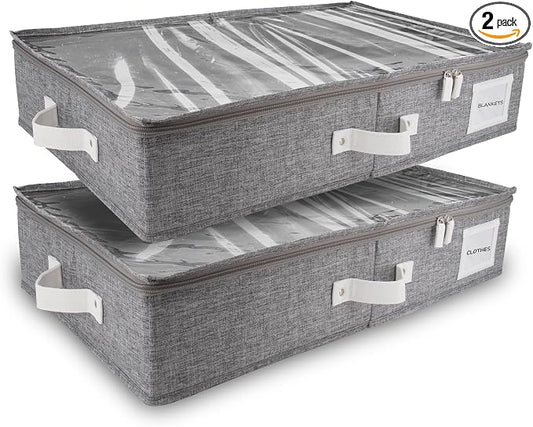 HOMELUX THEORY 2pc Under Bed Storage Containers, Bedroom Under the Bed Drawer Storage Organizer with Bins and Lids, Large Underbed Clothes Storage Box Ideal for Blanket, Fabric, & Shoes (LightGray)