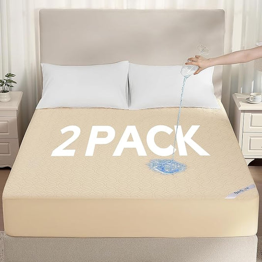 BEDLORE 2 Pack Waterproof Mattress Protector, Queen Size Mattress Pad with Deep Pocket 6"-18" Depth, Soft Breathable Bed Mattress Cover for Home, Bedroom, Hotel (Beige)