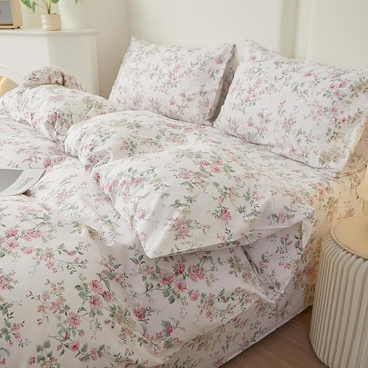VM VOUGEMARKET Girl's Pink Flower Duvet Cover Set Twin,Pure Cotton Bedding Set Vintage Floral Prints on White Duvet Cover Conquette Cottagecore for Teen Girls