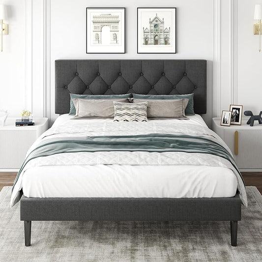 CXVX Queen Size Platform Bed Frame with Upholstered Headboard, Button Tufted Design, Strong Wooden Slats, No Box Spring Needed, Easy Assembly, Noise Free