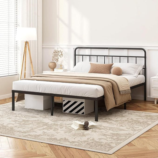 Kujielan 12 inches King Size Bed Frame with Minimalist headboard,Metal Platform Base with Strong Metal Slats,Mattress Foundation for Under Bed Storage,Easy Assembly,Black