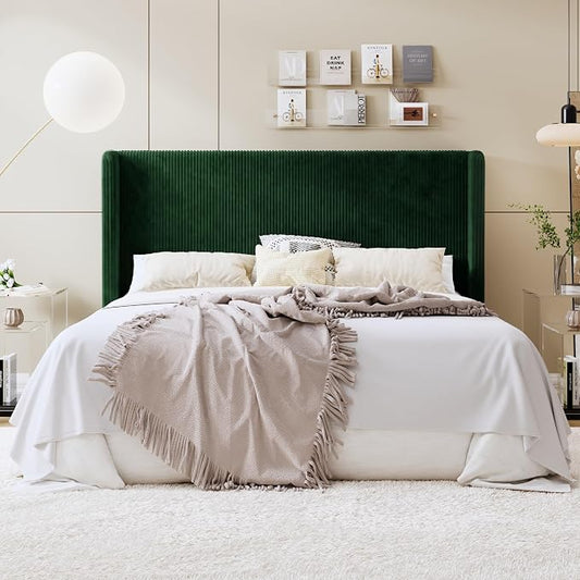 SHA CERLIN King Size Corduroy Upholstered Platform Bed Frame with Vertical Channel Tufted Wingback Headboard, 8" Under Bed Storage, Wooden Slats & Metal Frame Support, Easy Assembly, Dark Green