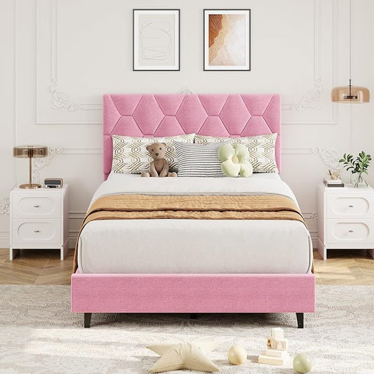 GarveeHome Pink Twin XL Bed Frame with Upholstered Headboard, Heavy-Duty Platform Bed Frame with Adjustable Headboard, Strong Wood Slat Support/No Box Spring Needed/Noise Free