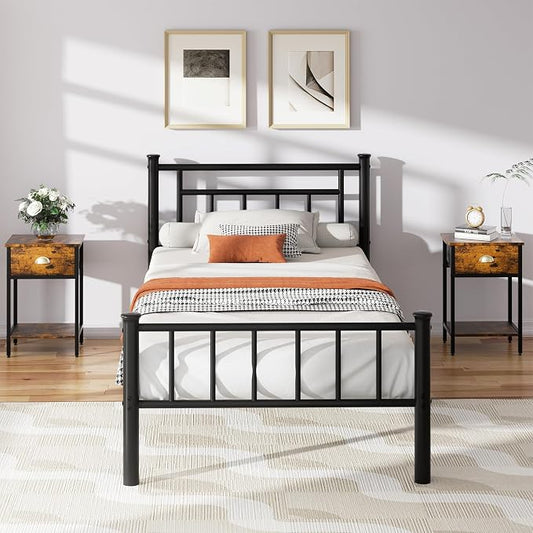 Shintenchi Twin Size Metal Platform Bed Frame with Headboard & Footboard, Steel Slat Mattress Foundation, Under Bed Storage, Noise-Free, No Box Spring Needed, Black Square
