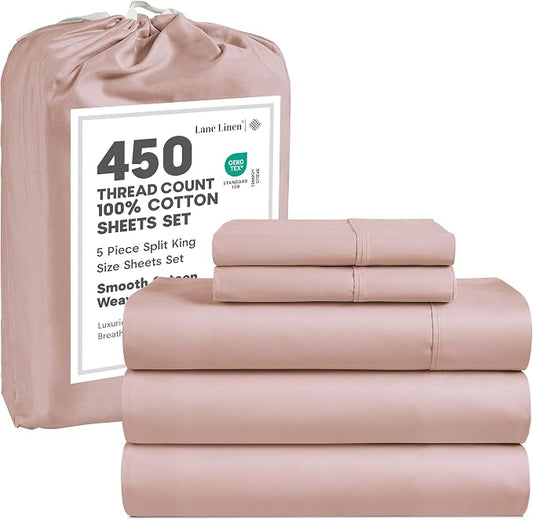 LANE LINEN Split King Sheet Sets for Adjustable Beds - 5 PCs, 450 Thread Count Split King Sheets Set - Sateen King Split Sheets for Adjustable Bed - Split Top King Sheets Set for Bed - Sepia Rose