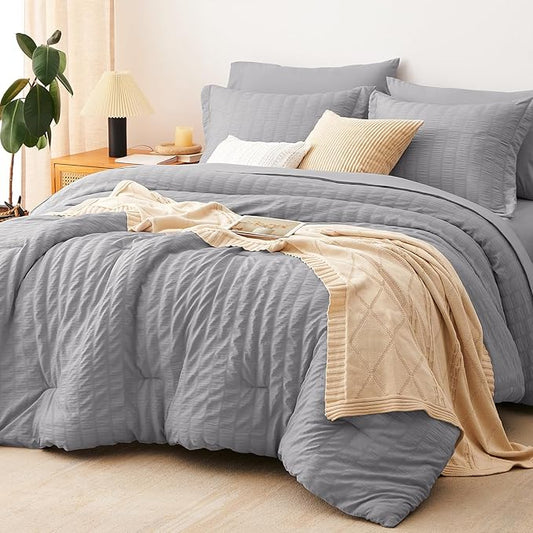 CozyLux King Size Comforter Set Grey Seersucker 7 Pieces Bed in a Bag King Comforter Set with Sheets, Gray Luxury Soft Bedding Sets with Down Alternative Comforter, Sheets, Pillowcases & Shams
