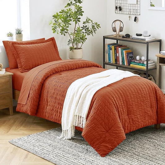 CozyLux Twin XL Comforter Set with Sheets Seersucker Burnt Orange 5 Pieces Bed in a Bag, Terracotta Twin Extra Long Bedding Sets College Dorm with Down Alternative Comforter, Sheets, Pillowcase & Sham