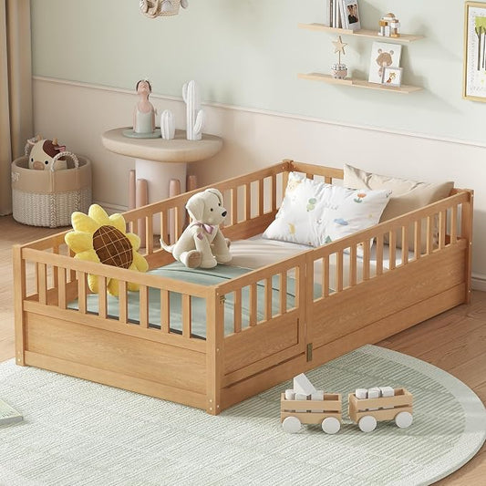 Bellemave Twin Size Floor Bed with Fence and Door, Montessori Floor Bed with Slats, Twin Size Montessori Beds for Kids, Girls, Boys, Natural
