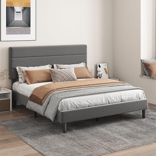 Full Platform Bed Frame with Adjustable Linen Fabric Upholstered Headboard, Strong Slats Support, Noise-Free, No Box Spring Required, Easy Assembly for Bedroom Guest Room, Grey