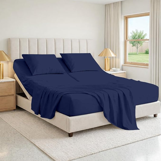 SGI bedding 39" King Split Top Flex Head Sheet 100% Egyptian Cotton Sheet Set 1000 Thread Count Flex Top Sheet for Adjustable Bed 4Pc Sheet Set 15" Deep Pocket for Sleep Number Bed - Navy Blue