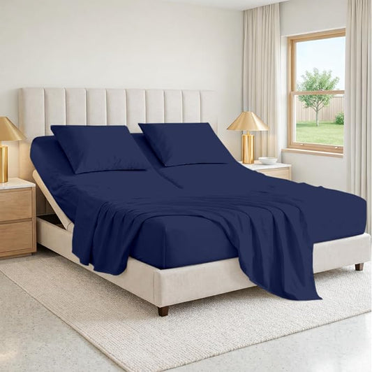 SGI bedding 34" King Split Top Flex Head Sheet 100% Egyptian Cotton Sheet Set 1000 Thread Count Flex Top Sheet for Adjustable Bed 4Pc Sheet Set 15" Deep Pocket for Sleep Number Bed - Navy Blue