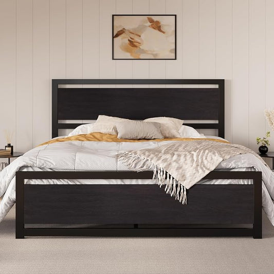 SHA CERLIN King Size Bed Frame with Modern Headboard, Heavy Duty Platform Metal Base with Footboard and 13 Slats Support, No Box Spring Needed, Black