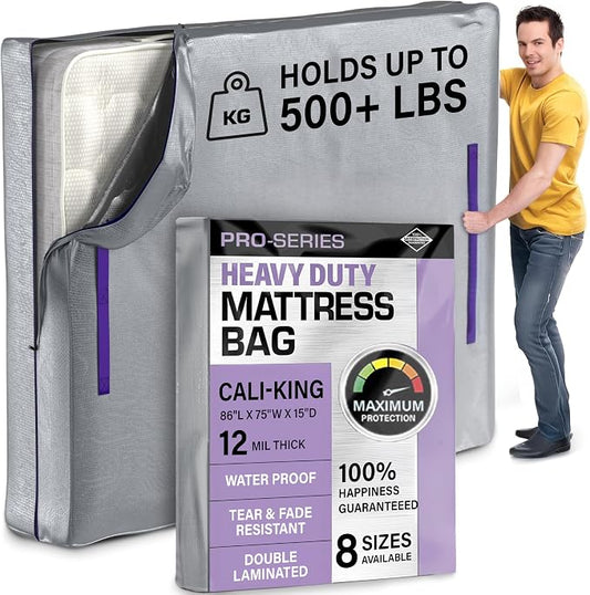 Cal King Mattress Bags For Moving, California King Mattress Bag For Moving - Heavy Duty 10 Mil Zipper Mattress Cover For Moving w 8 Carry Handles - Storage, Moving Mattress Protector Bag