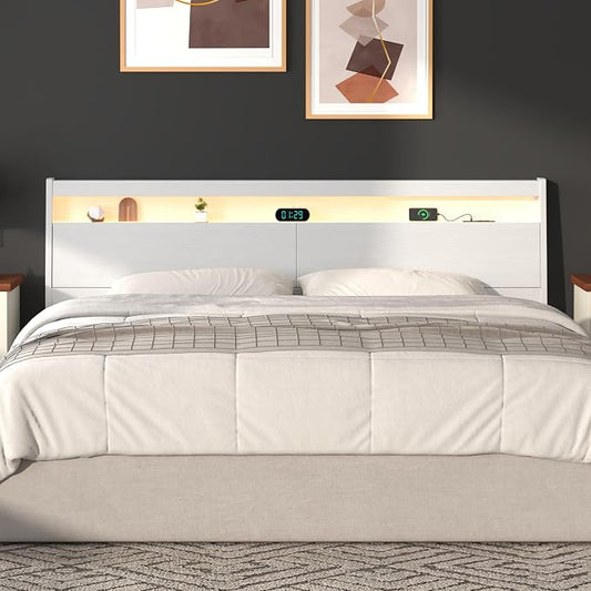 Wooden Headboard Only with Storage, Skirting Groove for Enhanced Stability, Built-in Power Outlet, 2 USB Ports & LED Light - Solid Wood Leg Sturdy Stable Bed Backboard (White, Queen)