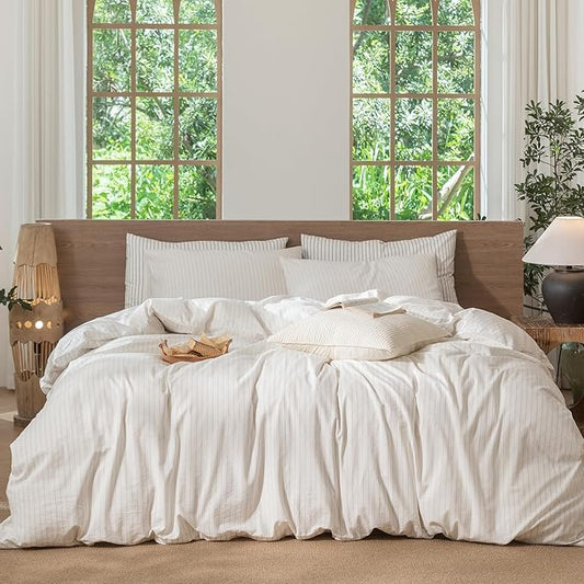 MooMee Striped Duvet Cover Set 100% Washed Cotton Linen Like Textured Breathable Durable Soft Comfy (White Almond Milk Grey Wide Stripes, King 104"x90")