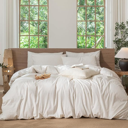 MooMee Striped Duvet Cover Set 100% Washed Cotton Linen Like Textured Breathable Durable Soft Comfy (White Almond Milk Grey Wide Stripes, Oversized King Plus 128"x120")