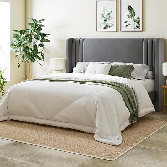 Allewie Queen Size Velvet Platform Bed Frame with Vertical Tufted Wingback Headboard, Easy Assembly, Under Bed Storage, No Box Spring Required, Modern Style, Grey