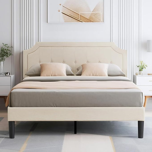 VECELO Full Size Platform Bed Frame with Fabric Upholstered Headboard and Wooden Slats Support, No Box Spring Needed/Easy Assembly,Light Beige