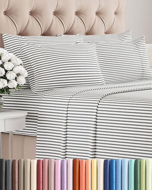 King 6 Piece Sheet Set - Comfy, Breathable & Cooling - Soft Hotel Luxury Bedding for Women, Men, Kids, Teens and Children - 1 Flat & 1 Fitted Sheet & 4 Pillowcases with Deep Pockets - Grey Stripes 2