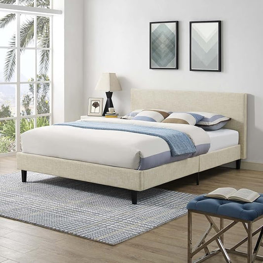 Modway Anya Upholstered Beige Platform Bed with Wood Slat Support in Queen