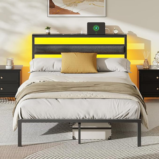 OURPIC Full Size Bed Frame, Bed Frame Full with LED Lights and Charging Station Headboard, Black Metal Platform Bedframe and Storage Shelf, No Box Spring Needed, Noise Free