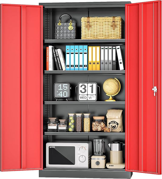 INTERGREAT Metal Lockable Storage Cabinet, 72” H Storage Cabinet with 2 Doors and 4 Adjustable Shelves for Office, Garage, Pantry (Assembly Required, Black Red)