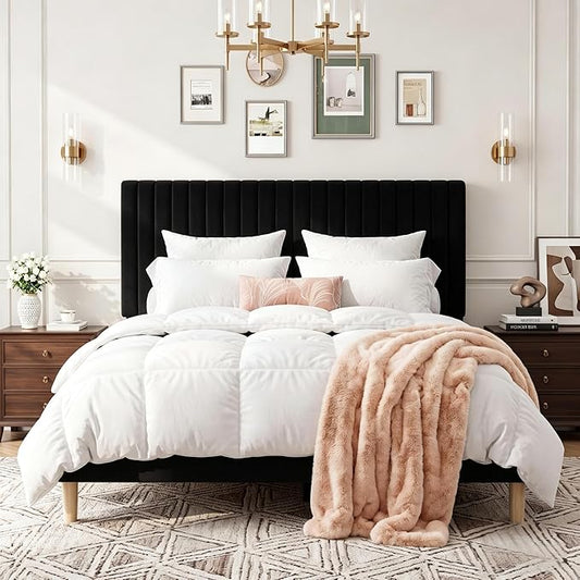 GAOMON Queen Bed Frame with Adjustable Headboard, Velvet Upholstered Platform Queen Size Bed Frame, Wooden Slats Support, No Box Spring Needed, Easy Assembly, Black