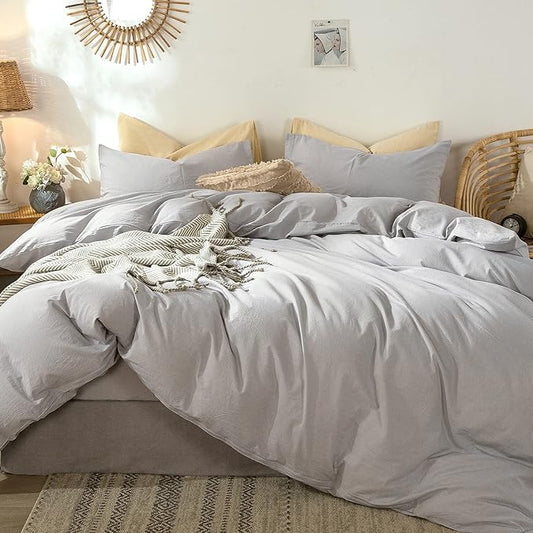 MooMee Bedding Duvet Cover Set 100% Washed Cotton Linen Like Textured Breathable Durable Soft Comfy (Lavender Grey, Queen)