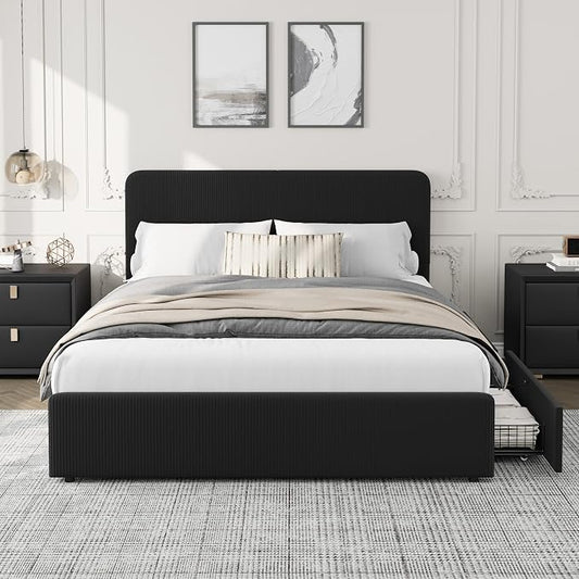GarveeHome Modern Upholstered Platform Bed Frame with Headboard and Storage Drawers – Soft Fabric Corduroy Black, PU/Faux Leather, Sturdy Wood Slat Support, No Box Spring Needed, Easy Assembly – Full