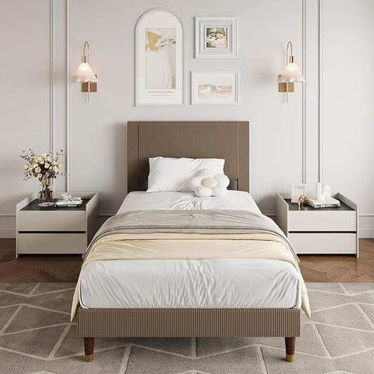 GarveeHome Twin Size Bed Frame with Upholstered Headboard and Strong Wooden Slats Support, Soft Corduroy Fabric Platform Bed, No Boxing Spring Needed, Easy Assembly, Brown