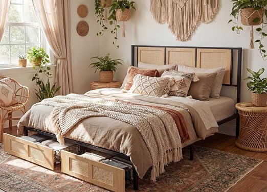 YITAHOME Natural Rattan King Bed Frame with Wooden Headboard and 2 Storage Drawers Underneath, Boho Cane Bed Platform Bed with Metal Slat, Noise Free, No Box Spring Needed,Wood