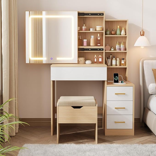 IDEALHOUSE Vanity Desk with Mirror and Lights, Vanity Table and Chair Set with 4 Drawers and Charging Station, Dresser LED Sliding Mirror with 3 Color Modes Adjustable Storage Shelves, Natural+White