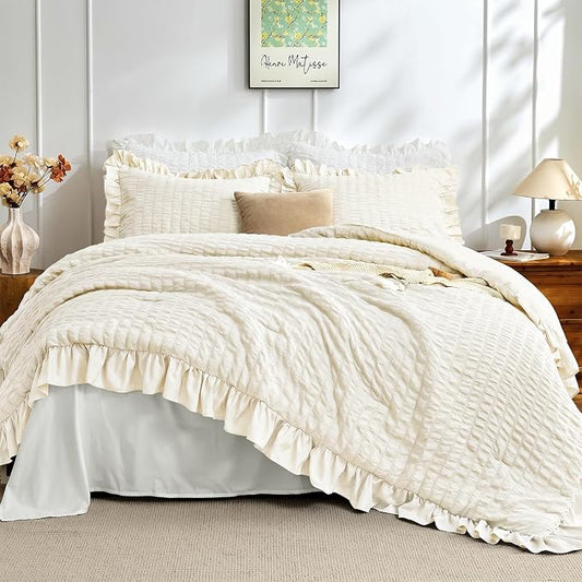 JOLLYVOGUE Ivory Queen Comforter Set, 3 Pieces Seersucker Comforters Queen Size, Lightweight & Fluffy Bedding Sets Queen for All Season with 1 Ruffle Comforter and 2 Ruffle Pillowshams