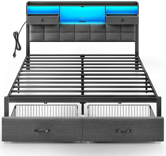 Rolanstar Bed Frame King Size with Drawers and Charging Station, Upholstered Platform Bed with Storage Headboard and LED Light, Heavy Duty Metal Support, No Box Spring Needed, Noise Free, Grey