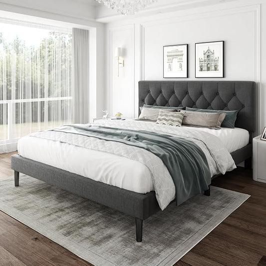 CXVX King Size Platform Bed Frame with Upholstered Headboard, Button Tufted Design, Strong Wooden Slats, No Box Spring Needed, Easy Assembly, Noise Free