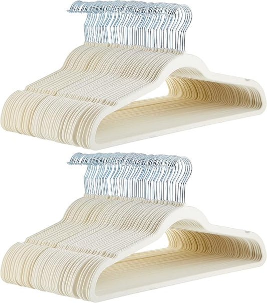 Amazon Basics Slim Velvet Non-Slip Space Saving Suit Clothes Hangers for Closet Organization, Ivory/Beige, 100-Pack