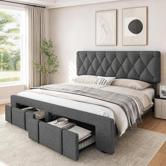 GarveeHome Queen Size Bed Frame, Upholstered Platform Bed Frame with Storage Drawers, Mattress Foundation with Solid Wooden Slats Support, No Box Spring Needed, Grey