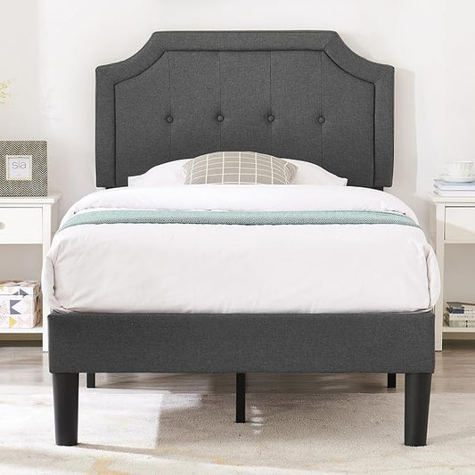 VECELO Twin Upholstered Platform Bed Frame with Adjustable Button Stitched Panel Headboard,Strong Wood Slat Support,Velcro Design,Mattress Foundation/Easy Assembly,Grey