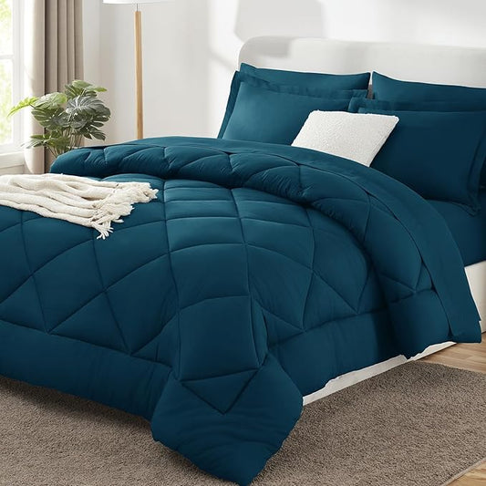 CozyLux Oversized Queen Comforter Set Lyons Blue - 7 Pieces Bed in a Bag Comforter Set with Sheets, Luxury Soft Bed Set, Bedding Set with Down Alternative Comforter, Sheets, Pillowcases & Shams