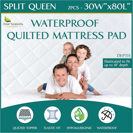 Split Queen Size Waterproof Mattress Pad - Fitted Mattress Protector with Quilted Pillow Top Mattress Topper - Premium Quality Hypoallergenic Mattress Cover (30x80 x 2 pcs) for Split Mattresses