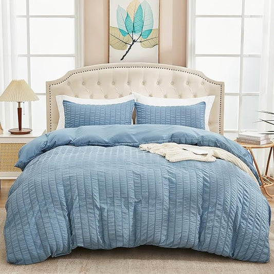 AveLom Grayish Blue Duvet Cover King(104 x 90 inches), 3 Pieces (1 Duvet Cover, 2 Pillow Cases), Seersucker Striped Soft Washed Microfiber Textured Duvet Cover Set with Zipper Closure, Corner Ties