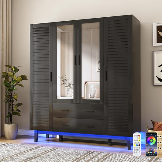 jiteentarou 4 Door Armoire Wardrobe Closet Cabinet with Drawers and LED Lights, Multi-Tier Shelves, Hanging Rod & Louver Doors, Large Capacity Storage Wardrobe Armoire for Bedroom(4 Doors Black)
