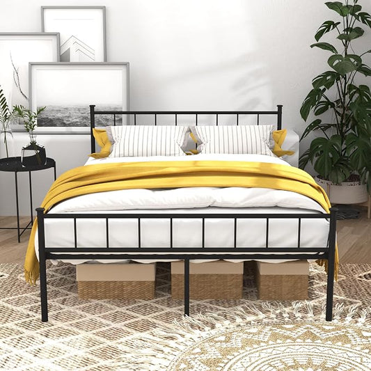 Queen Metal Platform Bed Frame, Victorian Vintage Style, Wrought Iron Headboard, Steel Slats, No Box Spring Needed (Black, Full)