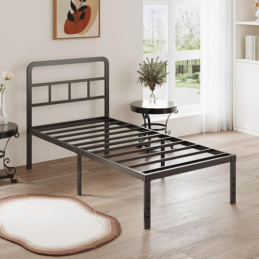 DiaOutro 16 Inch Twin XL Bed Frame with Headboard No Box Spring Needed Metal Platform Heavy Duty Steel Slat Mattress Foundation/Easy Assembly/No Noise/Black
