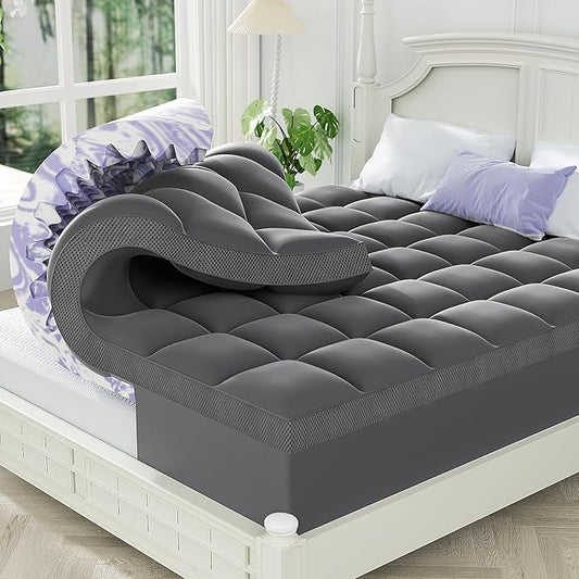 ChiXpace Dual Layer 5 Inch Memory Foam Mattress Topper Queen - 3 Inch Pillow Top Mattress Pad and 2 Inch Gel Memory Foam, 7-Zone Egg Crate Queen Size Mattress Topper (Gray)